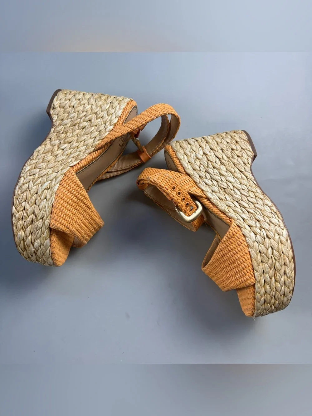 Sam Edelman April Raffia Platform Wedge Espadrille Sandals Marigold Orange 7.5